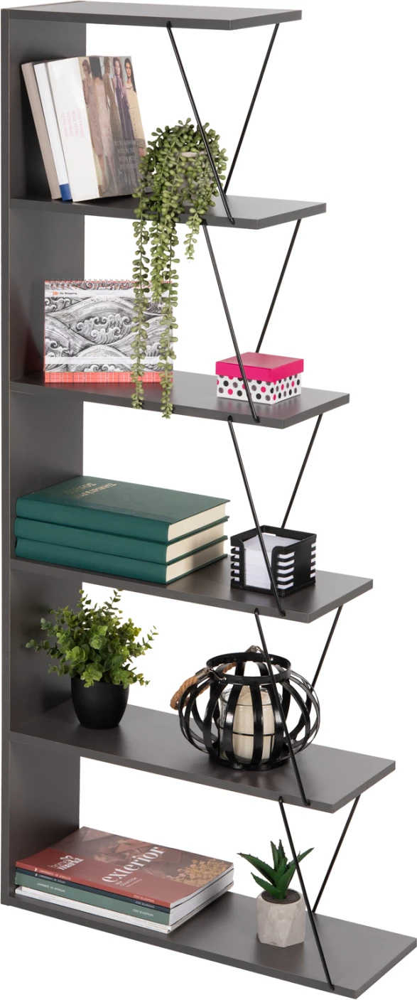 Mini knjižna omara TARS FH2241.20 siva melamin-črne kovinske palice 65x22-24x146Hcm