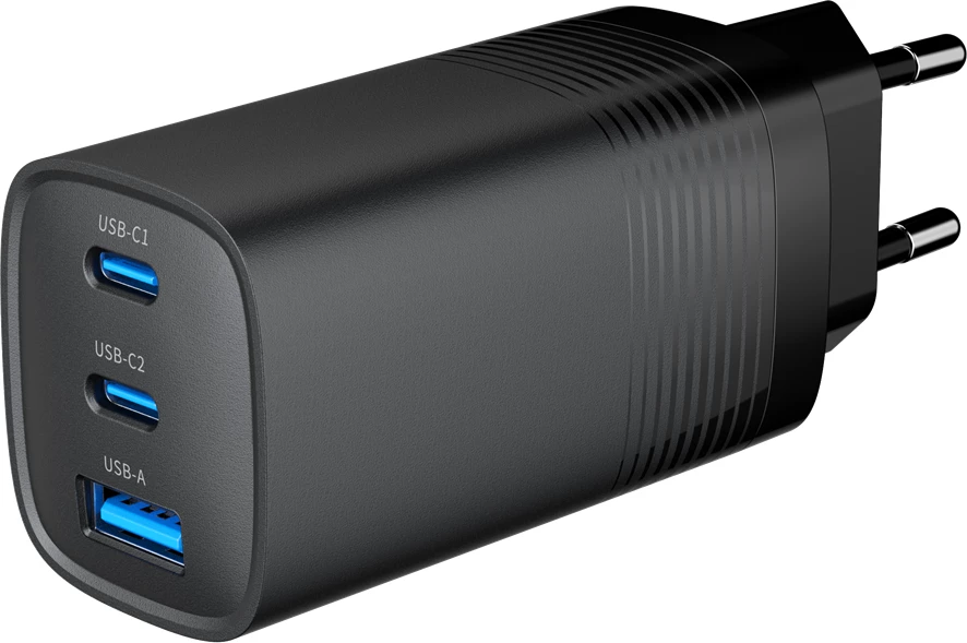 Hitri polnilec 3‑portni, 65 W, GaN, USB Power Delivery, GEMBIRD TA-UC-PDQC65-01-BK, črn