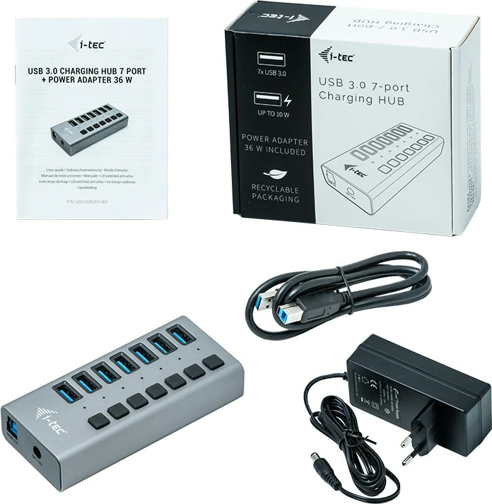 Razdelilec USB 3.0 z možnostjo polnjenja, 7 vrat, 36W i-tec U3CHARGEHUB7, siv