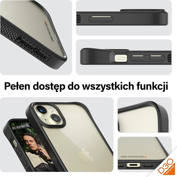 Ovitek za telefon PanzerGlass ClearCase za iPhone 15 Plus / 14 Plus, D3O, prozoren in črn