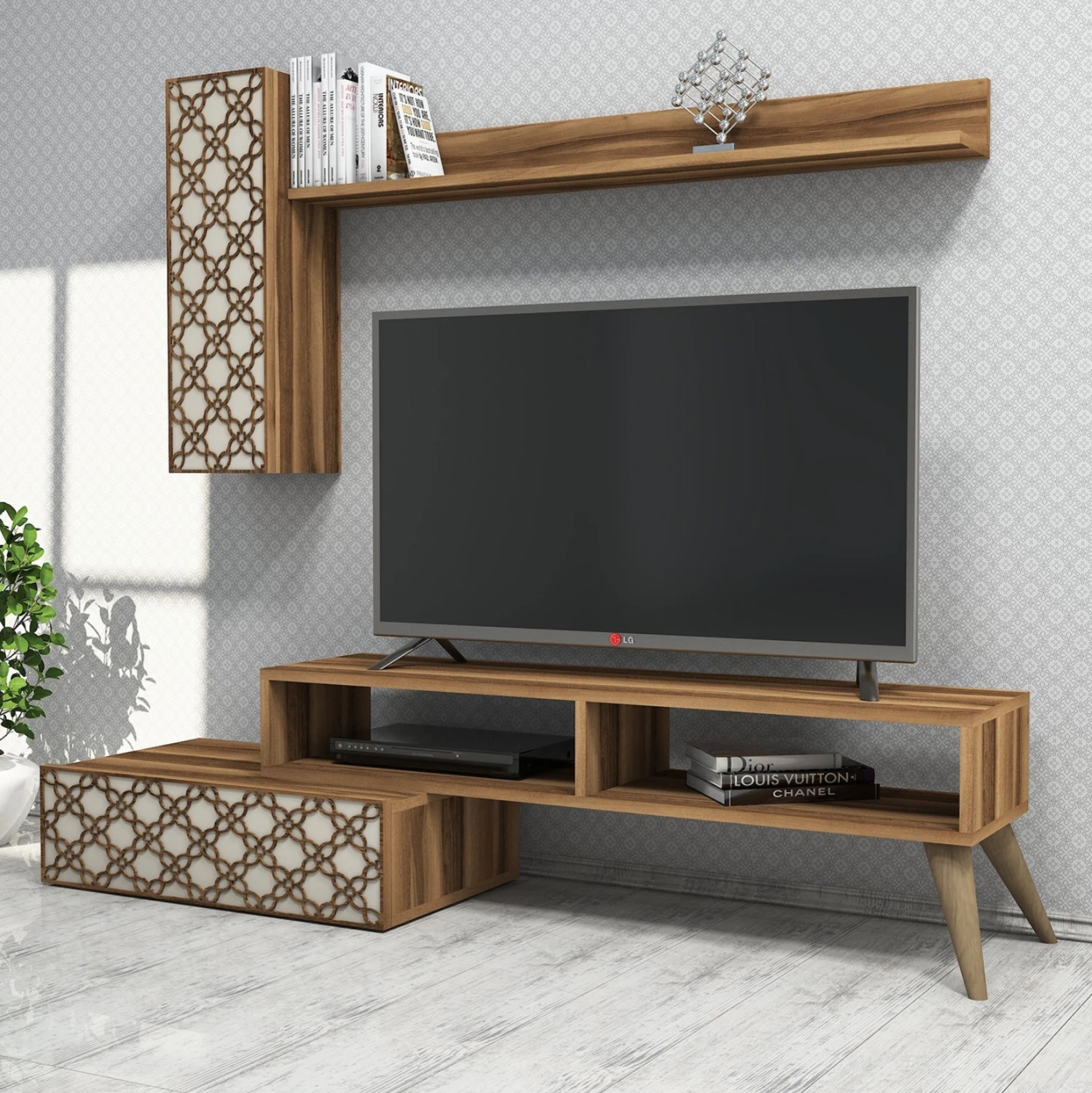 Komplet pohištva za TV FH9518.02 iz melamina v barvi oreha in smetane 150x37.2x37.8Hcm