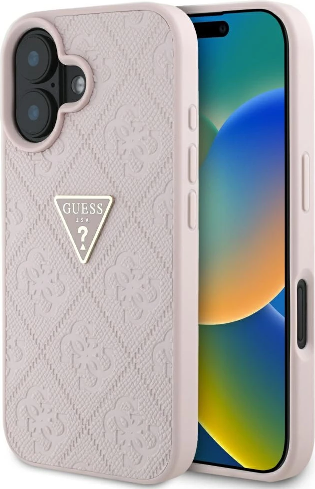 Ovitek za telefon Hot Stamp 4G Pattern Triangle z metalnim logotipom Guess za iPhone 16, rožnat