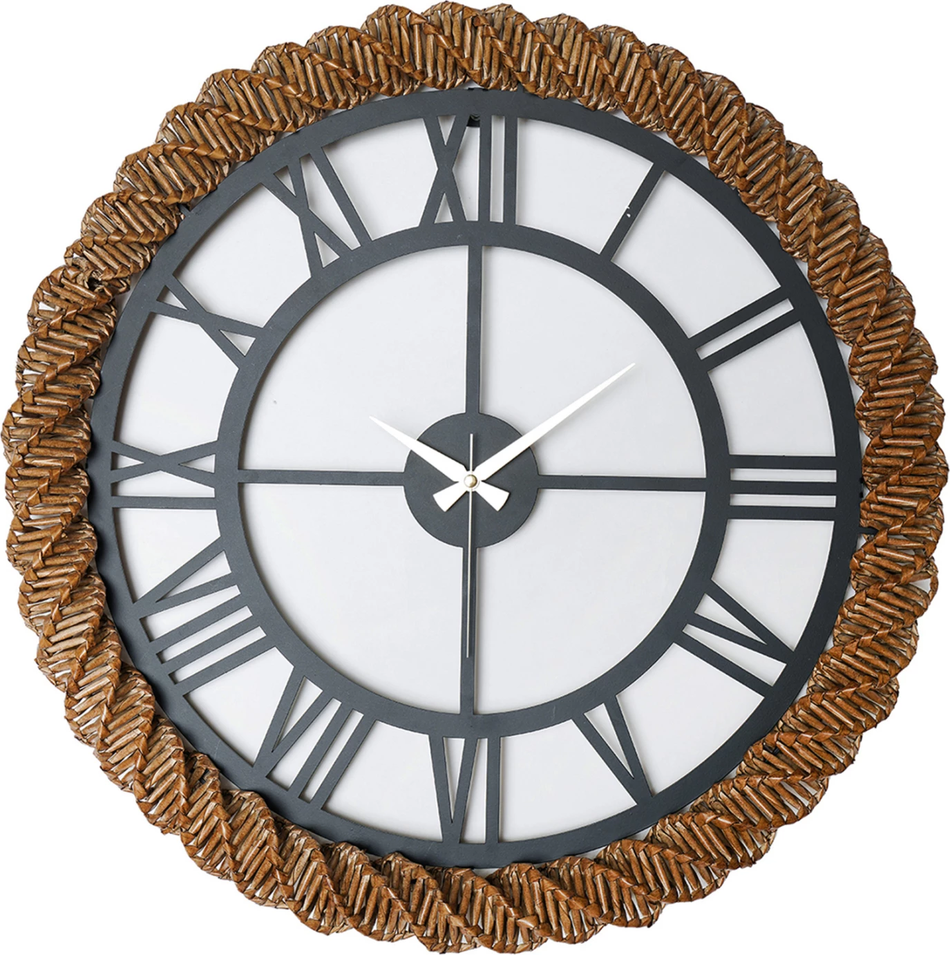 Okrogla stenska ura FH4337 iz temno sive kovine s pleteno slamo v naravni barvi Φ60 cm