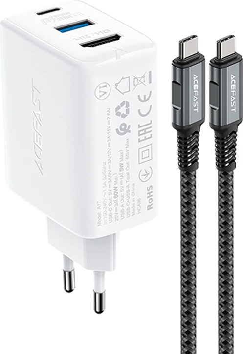 2-v-1 polnilec, 65 W, USB Type-C/USB-A, HDMI 4K, z vključenim kablom, Acefast A17, bel