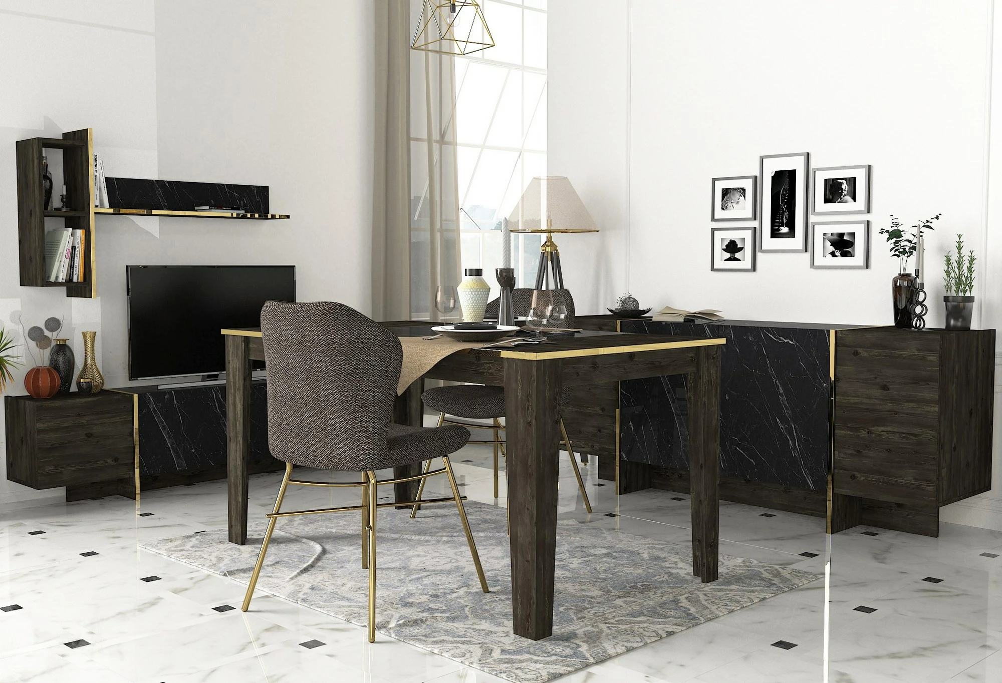 Set pohištva za dnevno sobo Skye Decor Veyron Set 3, črno in zlato