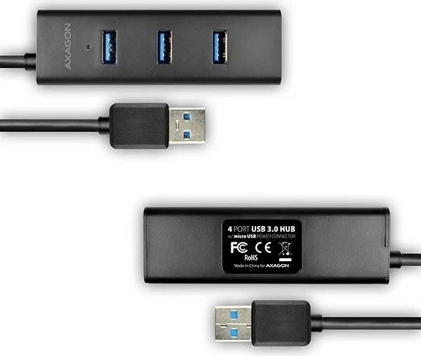 USB razširitveni hub AXAGON HUE-S2BP, 4-portski, z vgrajenim polnilcem, 1,2 m, črn