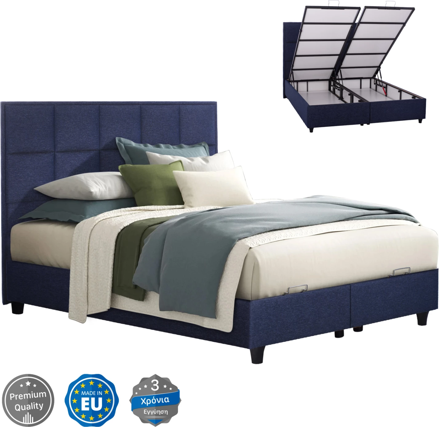 ALBA postelja, modra tkanina, za vzmetnico 160x200, prešito vzglavje, z 2 podlagama namesto posteljnih desk, prostor za shranjevanje