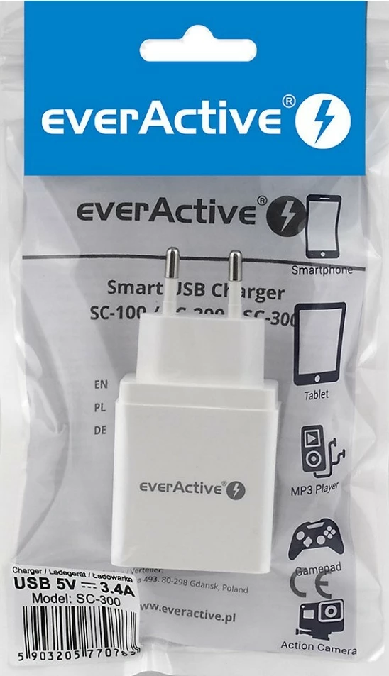 Omrežni polnilec 3x USB, iQ Smart Charging everActive SC-300, bel