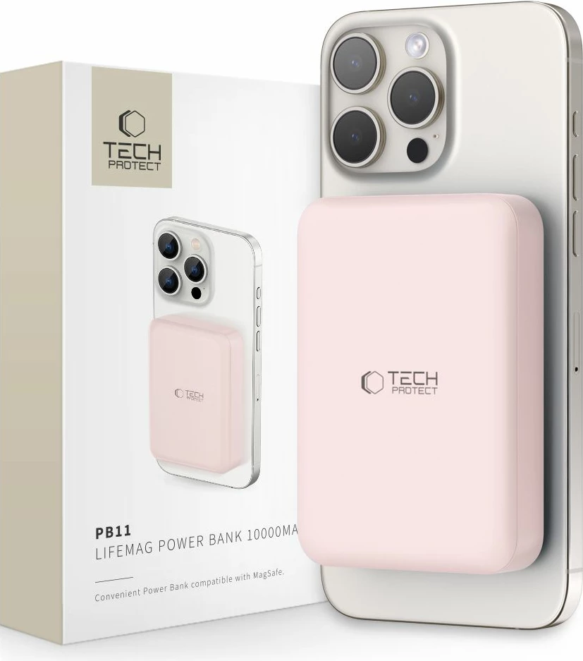 Zunanji akumulator 10000 mAh, MagSafe, USB-C, rožnat z USB-C kablom Tech‑Protect LifeMag PB11