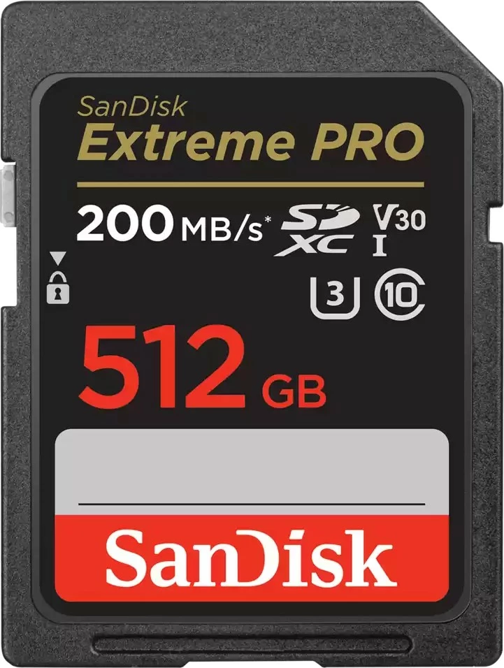 Kartica SDXC Sandisk Extreme PRO, 512 GB, Class 10, 200 MB/s, 140 MB/s, črna