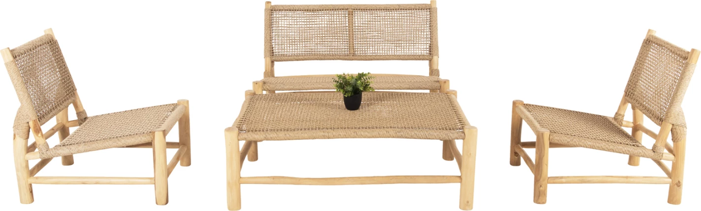 Zunanji 4-delni lounge set LONDER iz masivnega tikovega lesa in sintetičnega ratana v naravni barvi