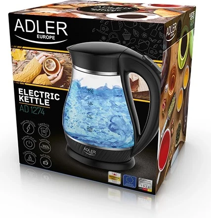 Električni kuhalnik vode Adler AD 1274 B, 1,7 L, 2200 W, črn/prosojen