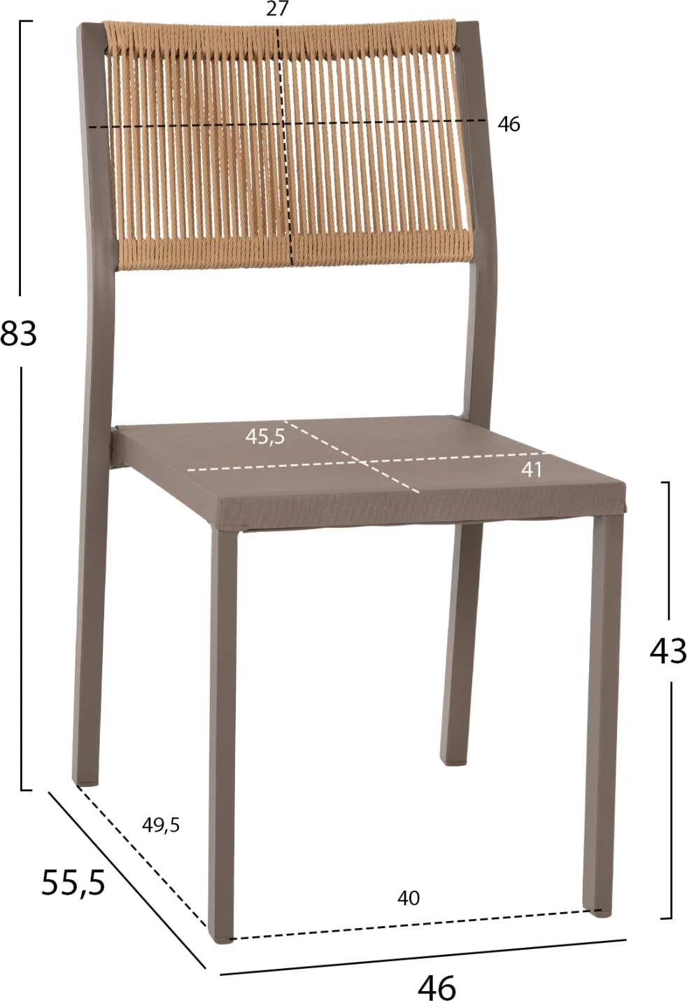 Aluminijasti stol FH5921.03 s šampanjskim okvirjem in tekstilom s sintetičnim ratanom v bež barvi 46x55,5x83H cm