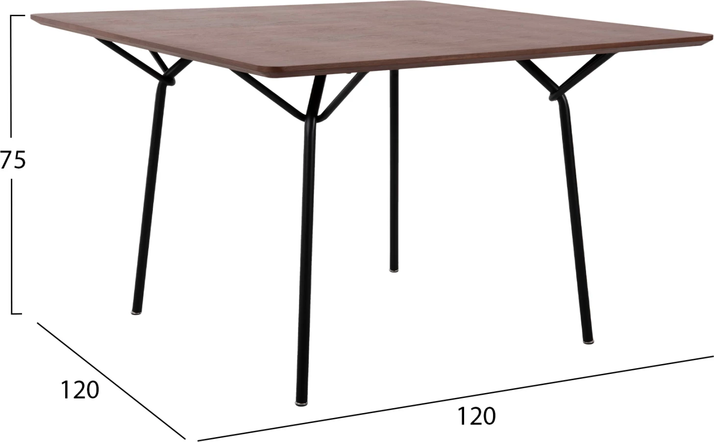 Kvadratna jedilna miza TRENK FH9614.02 MDF z hrastovim furnirjem v barvi oreha in črnimi kovinskimi nogami 120x120x75Hcm