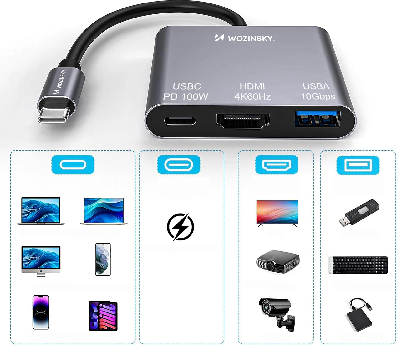 USB-C hub PD 100W, HDMI 4K@30Hz, USB-A 10Gbps — Wozinsky WHCH-01, siv