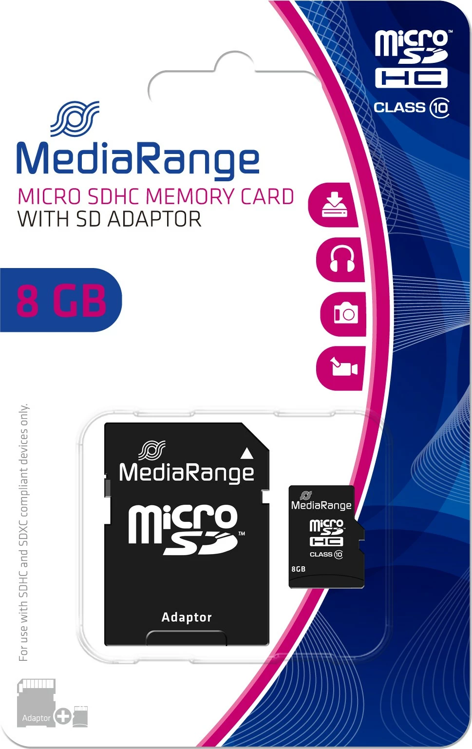 MicroSDHC kartica MediaRange 8 GB, Class 10, z adapterjem, črna