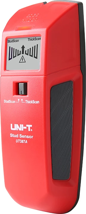 Stenski detektor, UNI-T UT387A, dva načina StudScan/ThickScan, odkrivanje lesa/kovine do 28,5 mm in električnih kablov do 50 mm, rdeče-siv