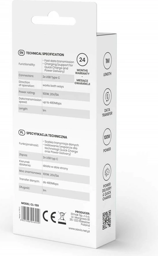 Kabel USB-C Savio, 1 m, črn