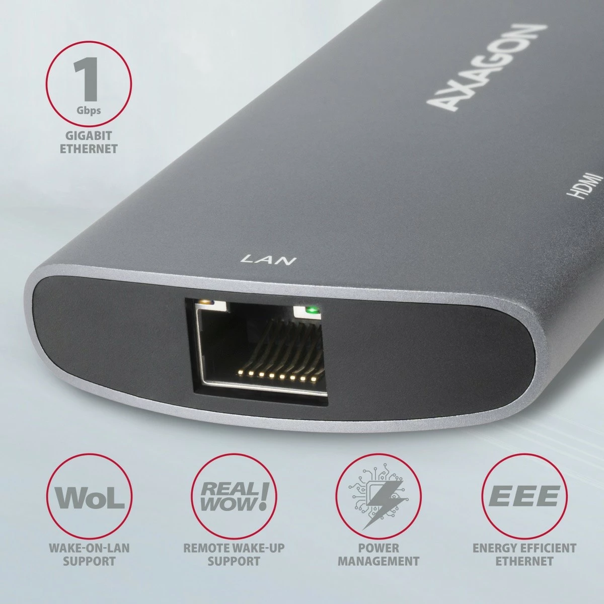 Multifunkcionalen hub 6‑v‑1 AXAGON HMC-6M2, USB-C 3.2 Gen 1, režo M.2 SATA, HDMI, GLAN, 2x USB-A, PD 100W, siva