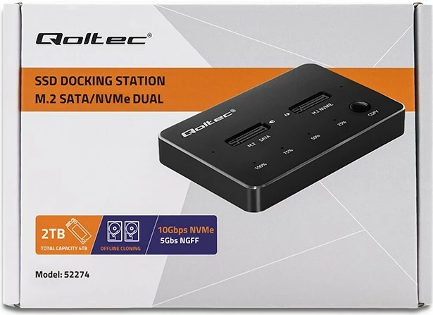 Postaja za dokiranje SSD M.2, NVMe/SATA, USB-C, 2x2TB, črna, Qoltec 52274
