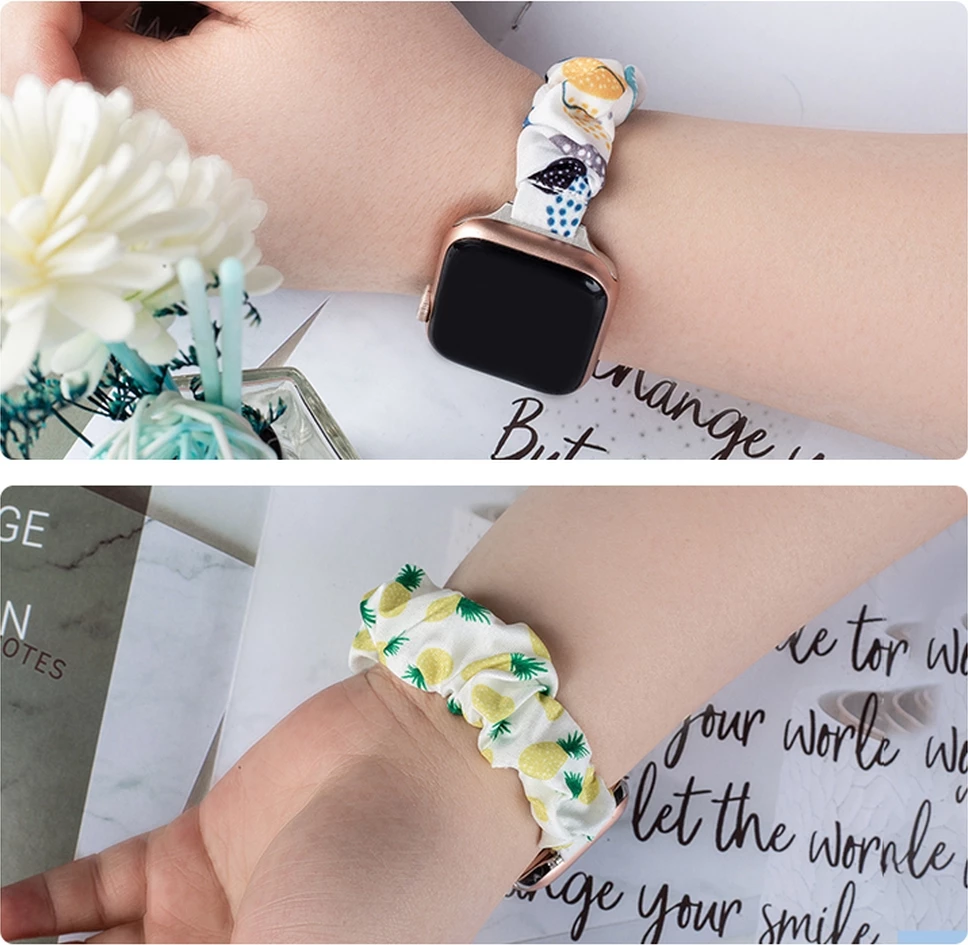 Elastičen tekstilni pašček z motivom kivija, bel — Hurtel za Apple Watch (42/44/45 mm)