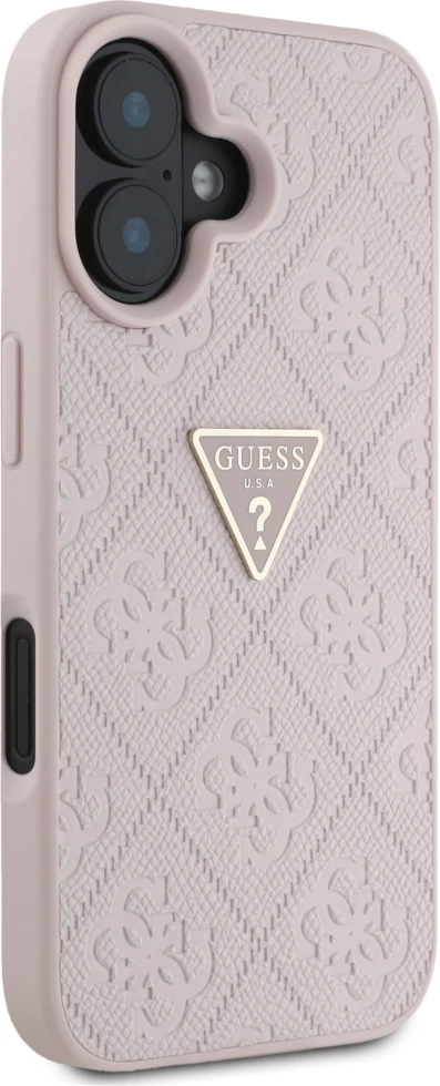 Ovitek za telefon Hot Stamp 4G Pattern Triangle z metalnim logotipom Guess za iPhone 16, rožnat
