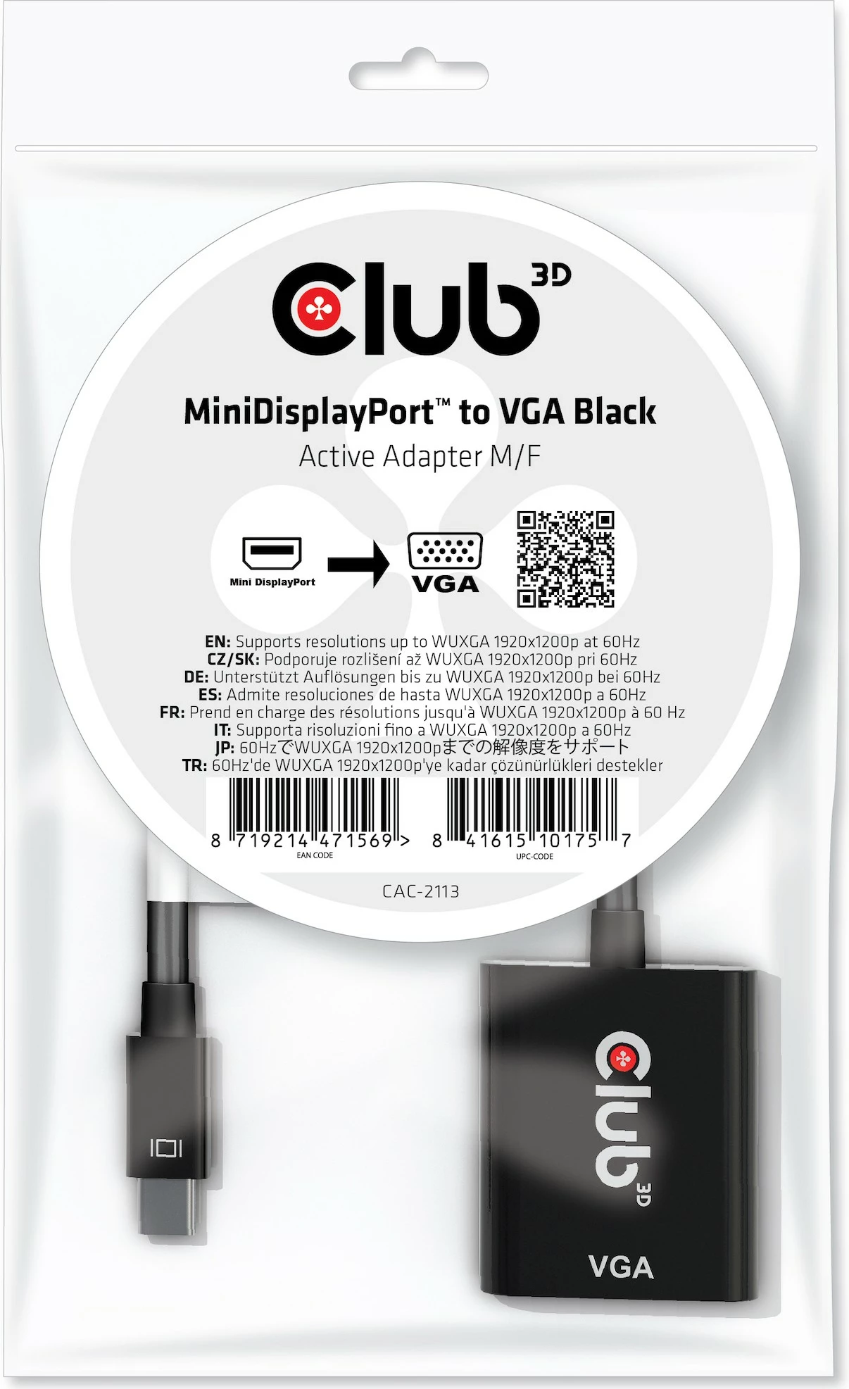 Aktiven adapter Mini DisplayPort na VGA Club3D CAC-2113, črn