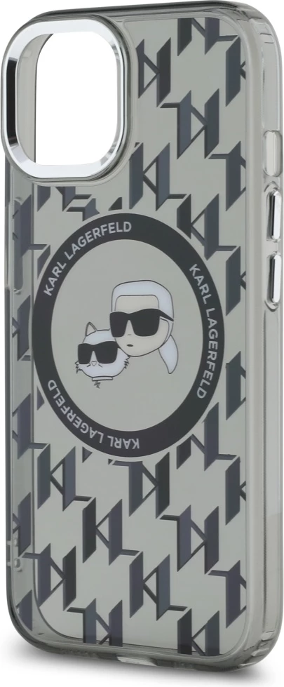 Ovitek Karl Lagerfeld IML Monogram Karl & Choupette Head MagSafe za iPhone 15 Plus, črn