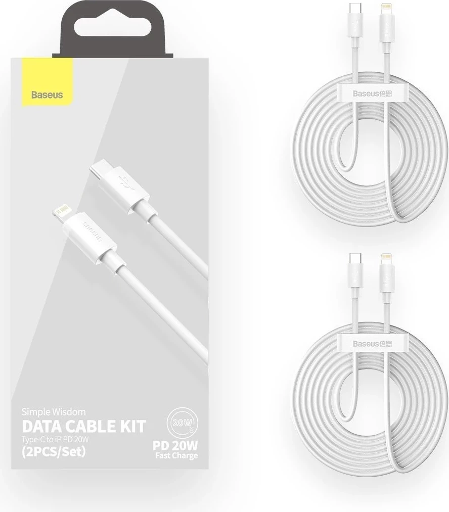 Kabel USB-C na Lightning, PD, 20 W, 1,5 m, bel — Baseus Simple Wisdom, 2 kosa