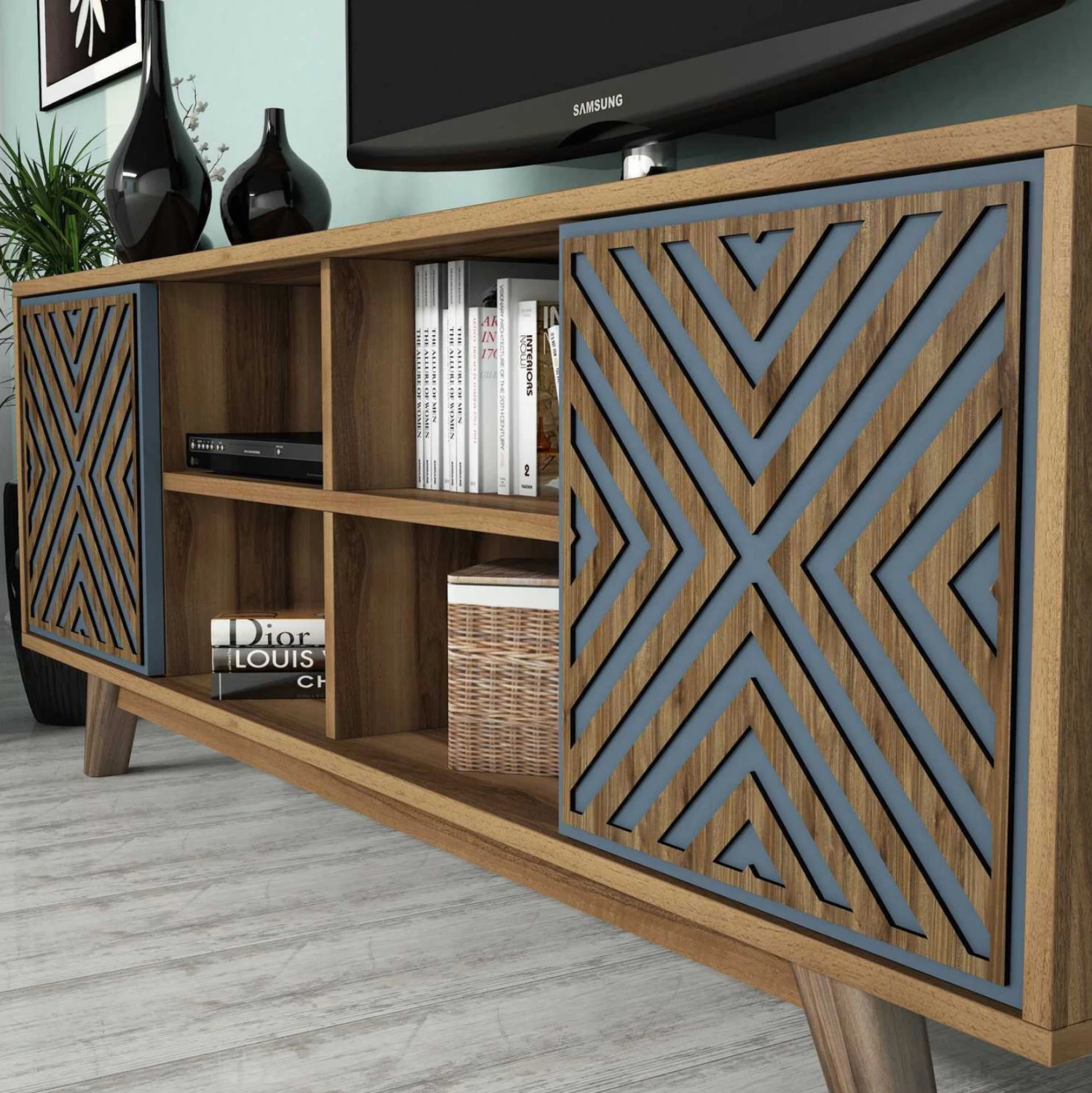 Komplet pohištva za TV FH9516.02 iz melamina v orehu in nebesno modri barvi 160x35x56.2Hcm