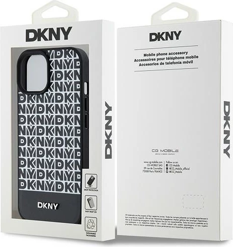Ovitek za telefon iz umetnega usnja z natisnjenim vzorcem, kovinski logotip, MagSafe — DKNY za iPhone 15/14/13, črn