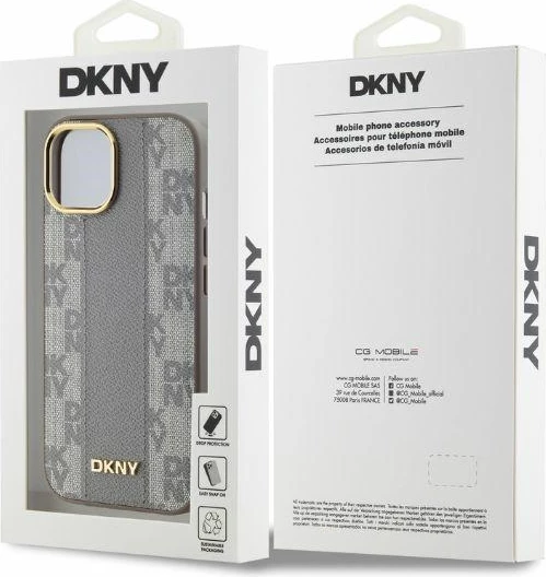Zaščitni ovoj z vzorcem DKNY Leather Checkered Mono MagSafe za iPhone 15, bež