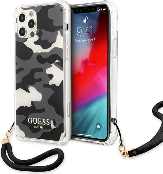 Ovitek za telefon Camouflage, trd, črn, Guess GUHCP12MKSARBK za iPhone 12/12 Pro
