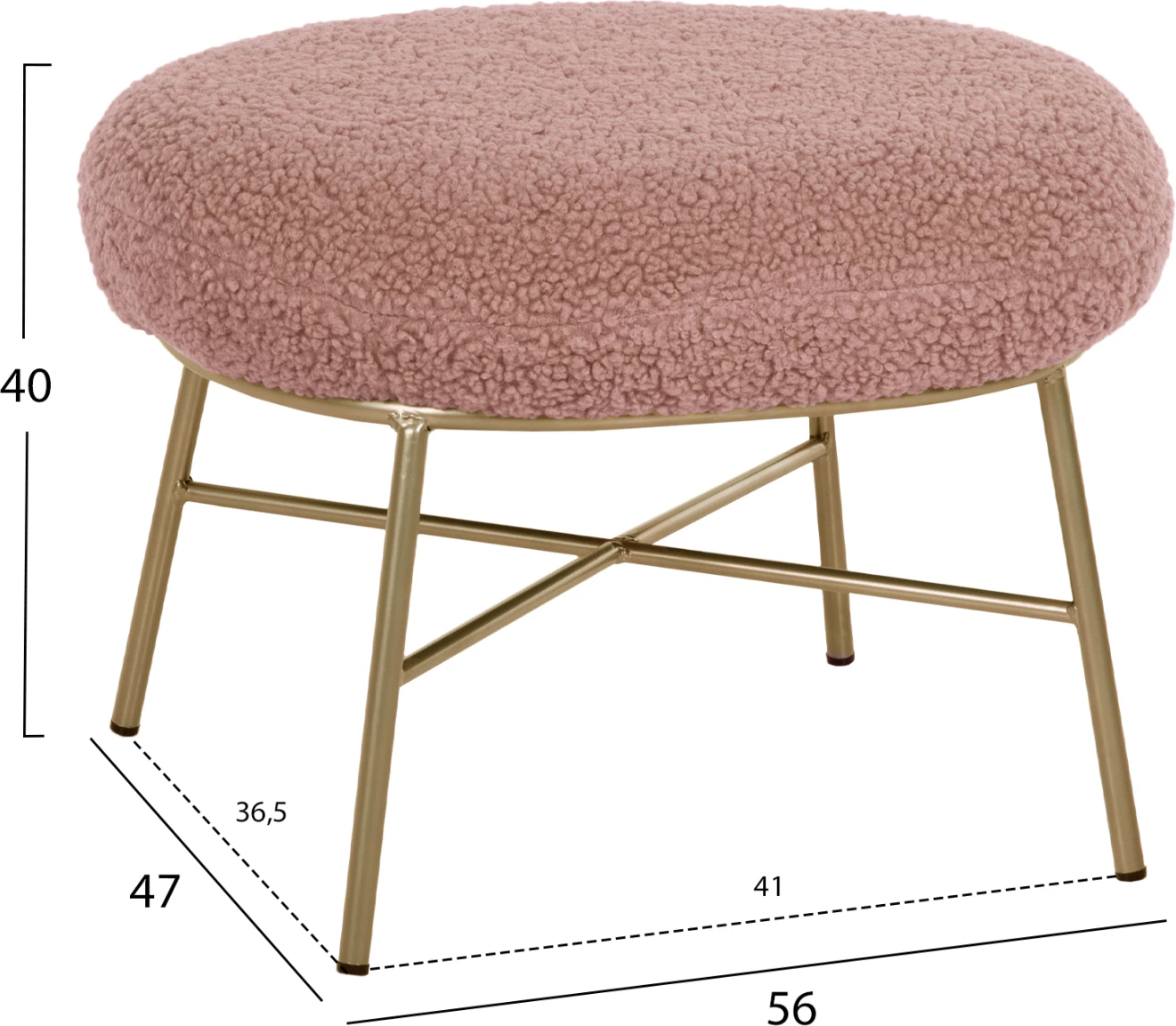 Stolček za noge TRUDI FH8640.22 iz tkanine boucle v barvi prašno roza in z zlato kovinsko osnovo 56x47x40Hcm
