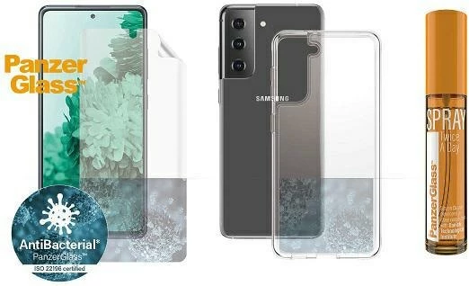 Set zaščite TPU folija + prozoren ovitek + čistilni sprej 30 ml, PanzerGlass za Samsung Galaxy S21