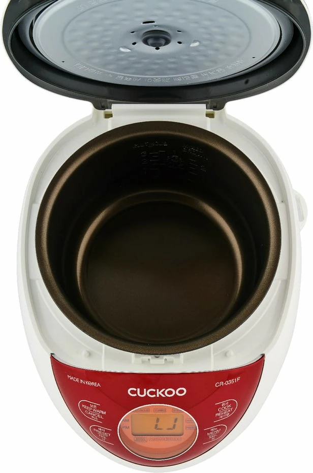 Električni kuhalnik riža Cuckoo CR-0351F, 0,54 L, LCD zaslon, rdeče/belo