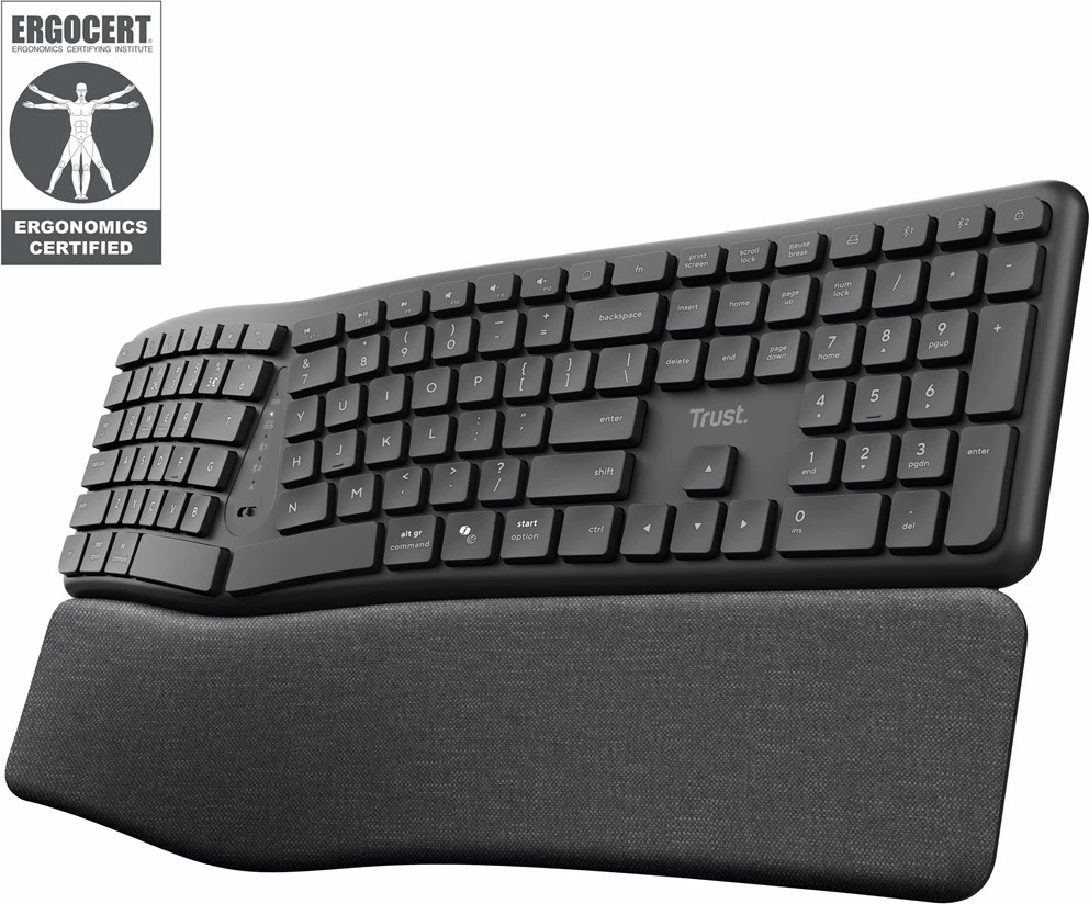 Ergonomska tipkovnica Trust Keyra, brezžična, polne velikosti, QWERTY, črna