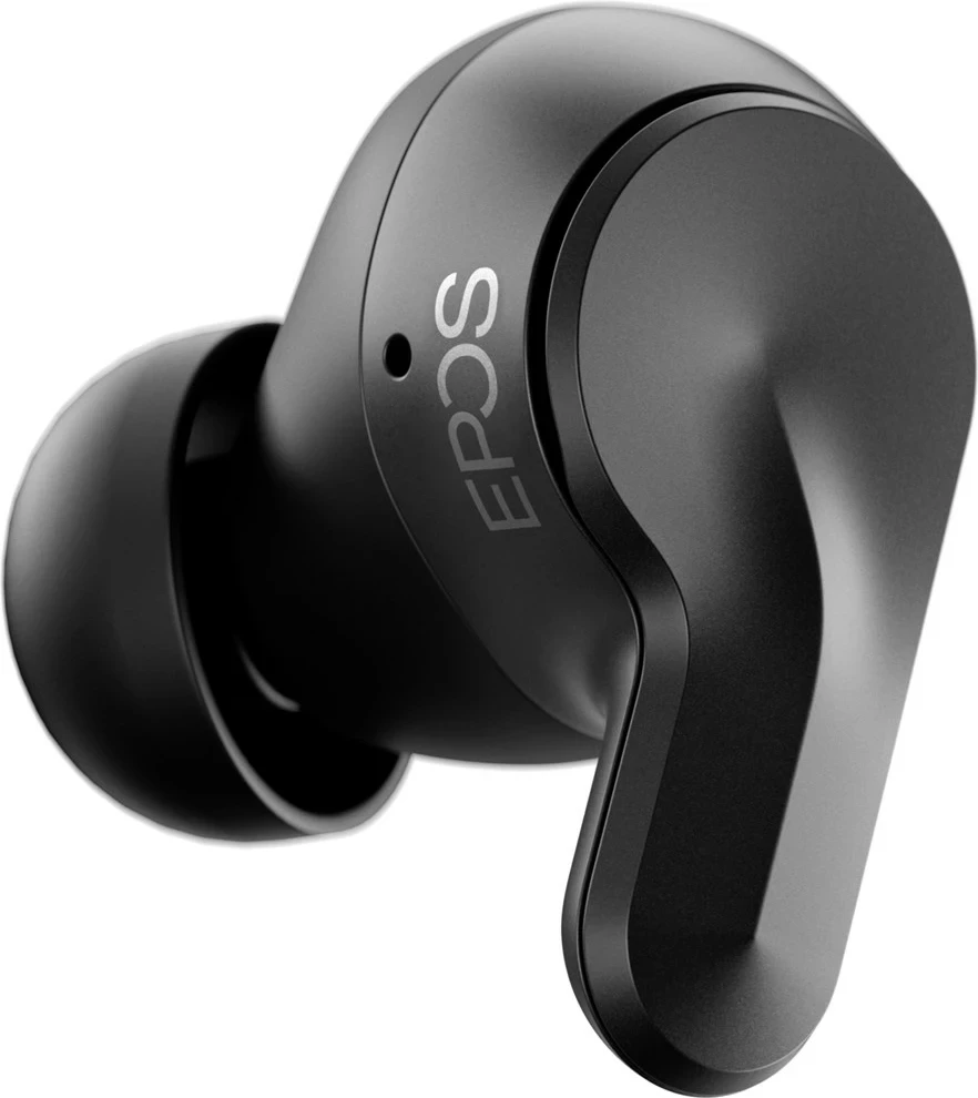 Pravi brezžični slušalke EPOS ADAPT E1TWS, Bluetooth 5.3, črne, s polnilno škatlico