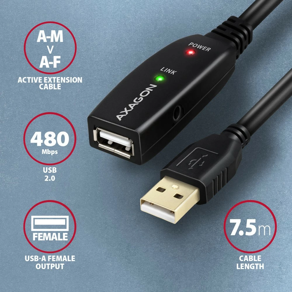 Aktivni USB podaljšek 2.0, 7,5 m, črn AXAGON ADR-207