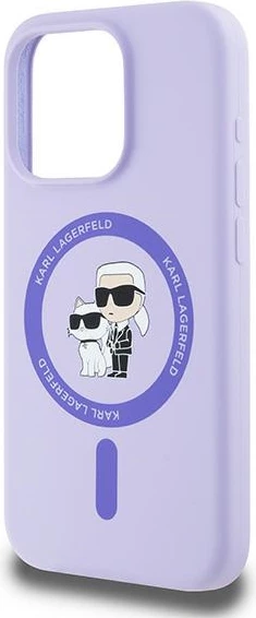 Silikonski ovitek Karl Lagerfeld Karl&Choupette Heads Ring MagSafe za iPhone 15 Pro, vijoličen