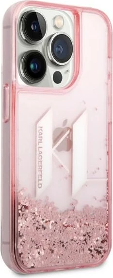 Zaščitni etui z bleščicami v tekočini, Karl Lagerfeld Liquid Glitter Big KL za iPhone 14 Pro 6.1", roza