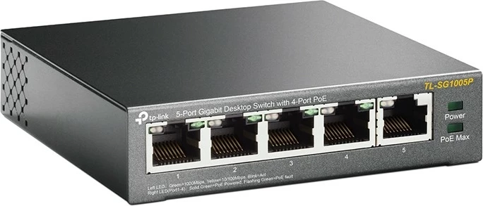 Nepupravljiv switch s PoE TP-LINK TL-SG1005P, 5 gigabit portov, 4 PoE, namizni