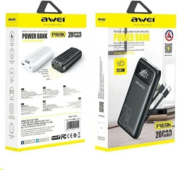 Powerbank AWEI P169K, 20000 mAh, 22,5 W, USB-C + Lightning, črn