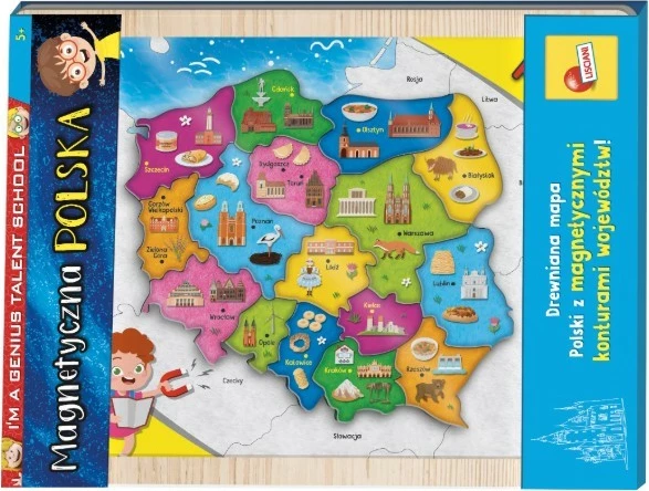 Izobraževalni magnetni zemljevid Poljske, Lisciani I'M A Genius 304-PL105496, lesen, z magnetnimi kosi, 7+