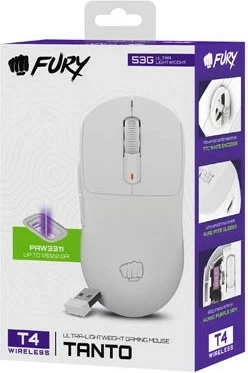 Brezžična ergonomska miška Fury Tanto T4, 12.000 dpi, 7 gumbov, bela