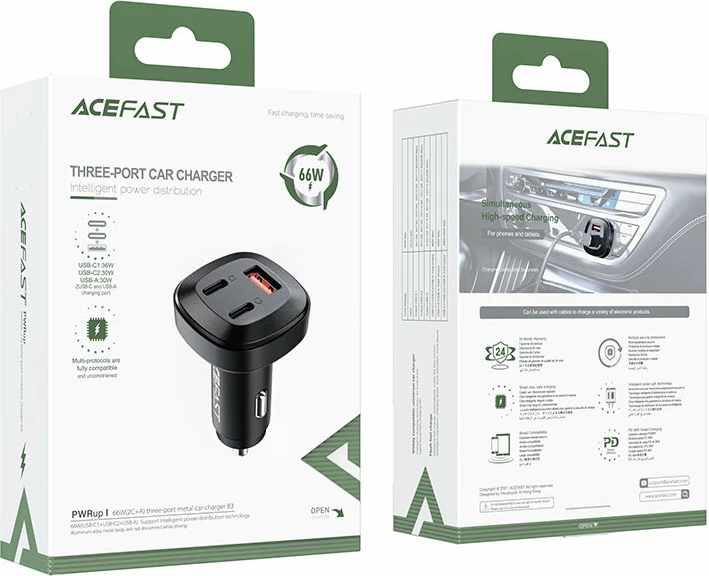Polnilec za avto Acefast B3, 66 W, 2x USB Type-C / USB, črn
