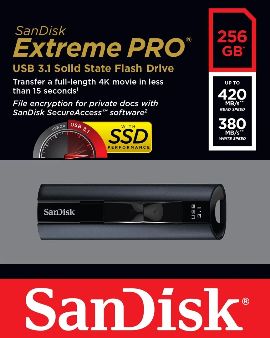 USB ključek SanDisk Extreme Pro 256 GB, črn