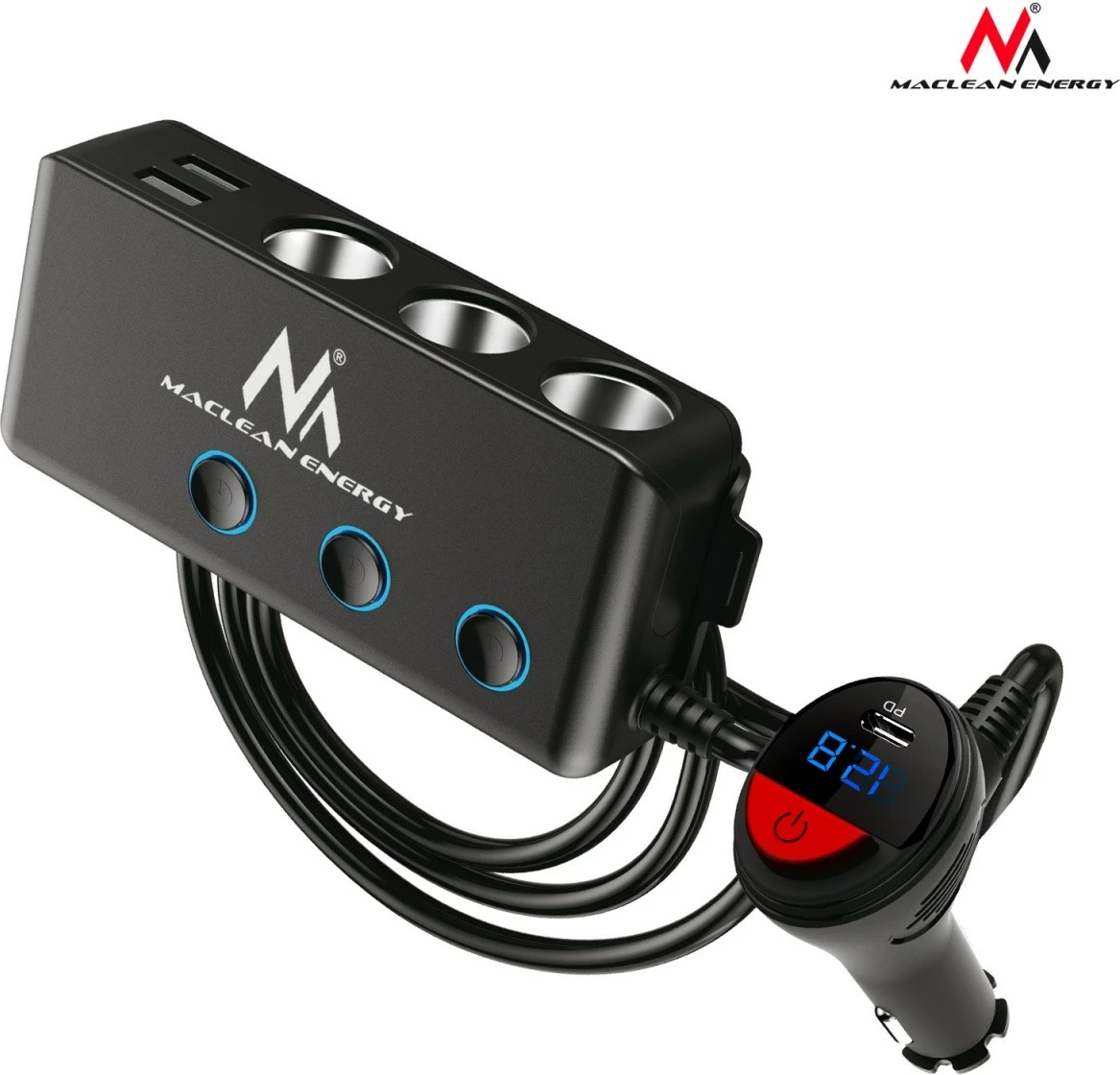 Razdelilec vtičnice cigaretnega vžigalnika Maclean MCE218, 4 vtičnice, 4×USB + USB-C, črn