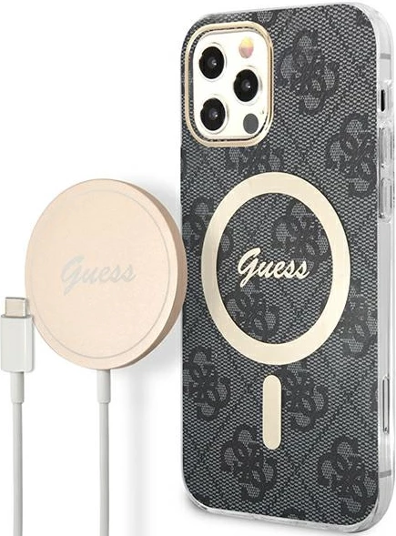 Komplet ovitek za telefon in brezžični polnilec MagSafe za iPhone 12/12 Pro, Guess GUBPP12MH4EACSK, črn