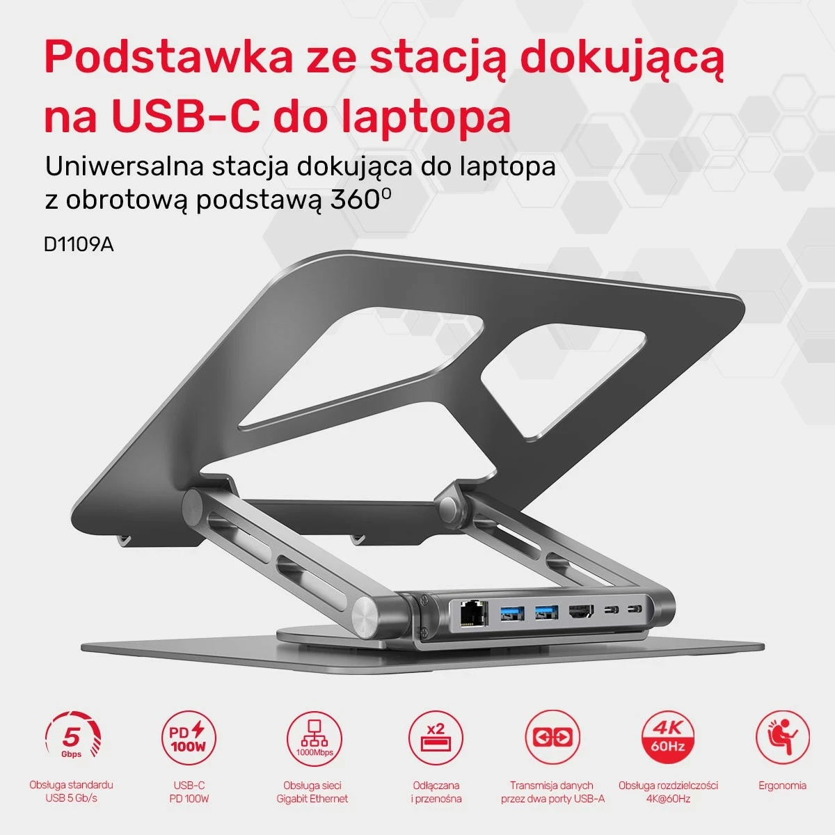 Stojalo za prenosnik Unitek USB-C HDMI 4K PD 100W, srebrno
